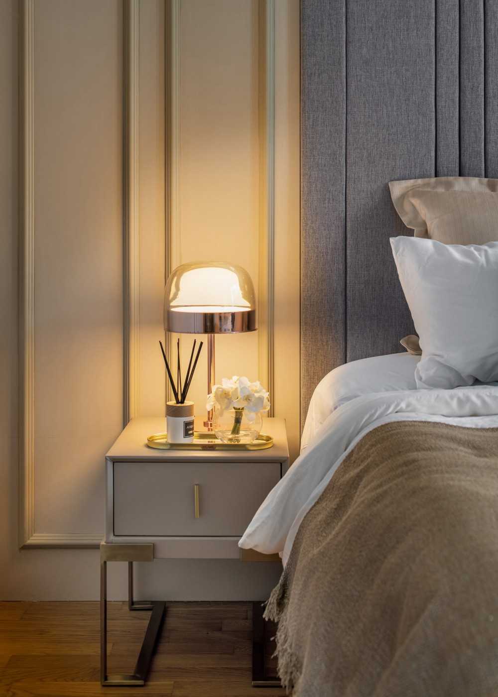 Modern Bedroom with Parquet Floor and Cove Lighting