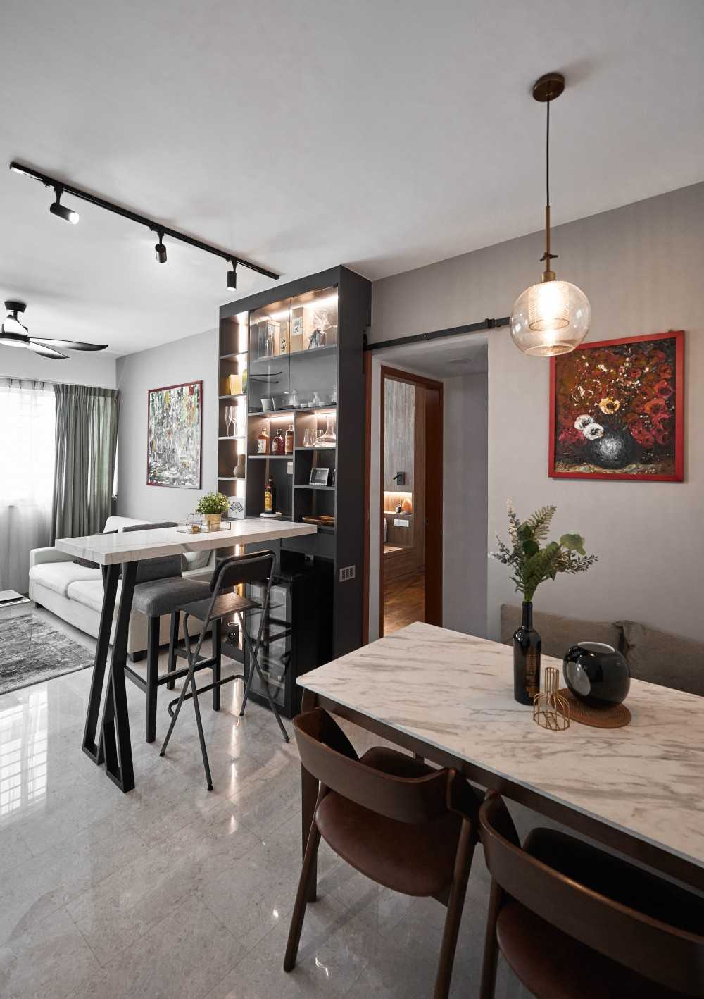 Contemporary Living Room with Dining Table and Dining Chairs