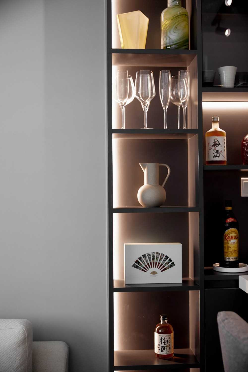 Contemporary Living Room with Bookshelf and Display Cabinets