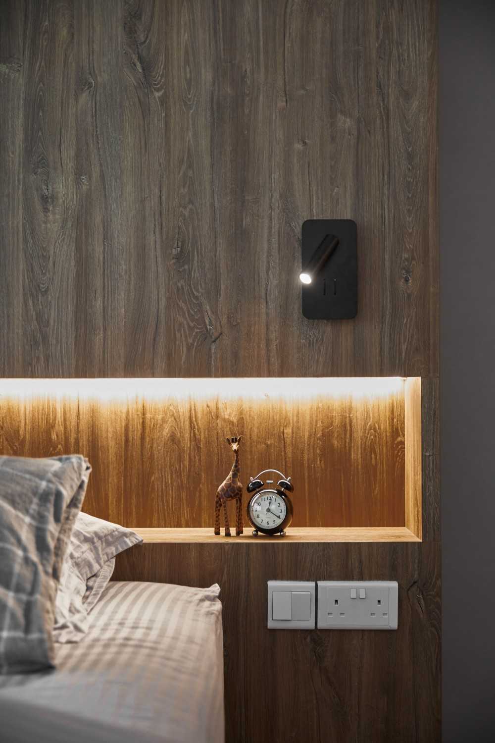 Contemporary Bedroom with Cove Lighting and Open Storage