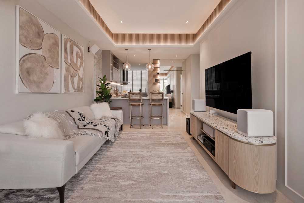 Modern Living Room with TV Console and Cove Lighting
