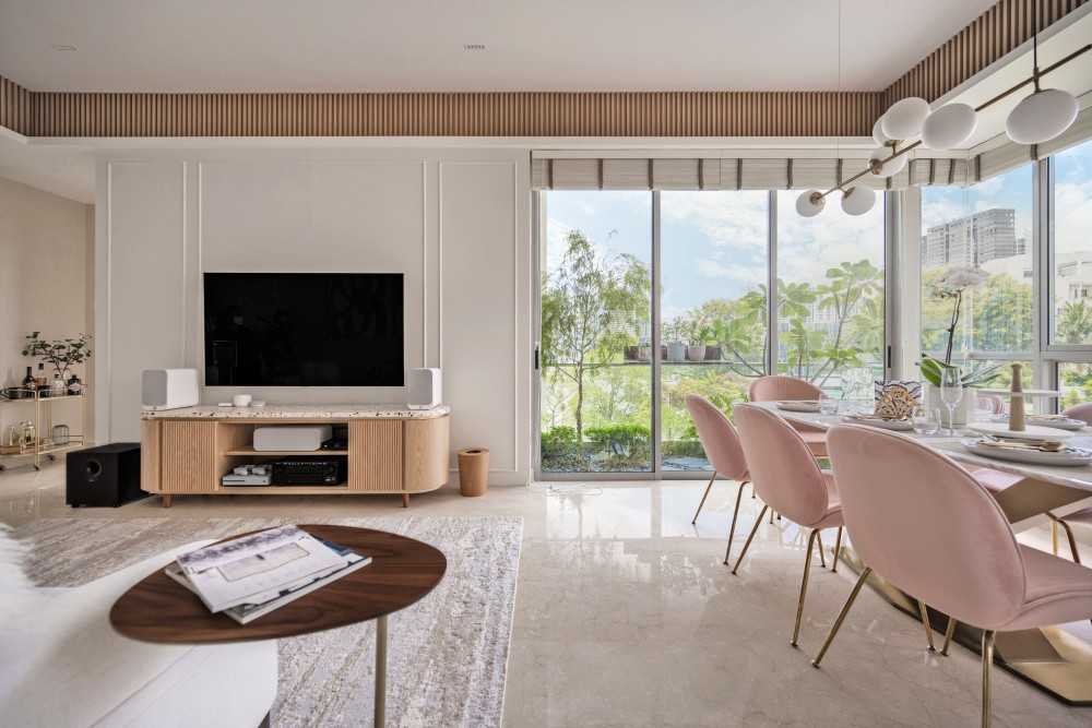 Modern Living Room with TV Console and Ceiling Light