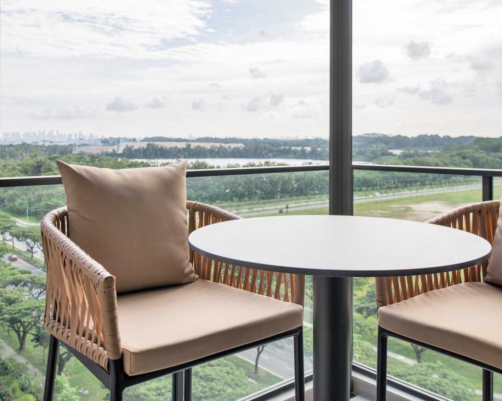 Modern Balcony with Curtain and Outdoor Table