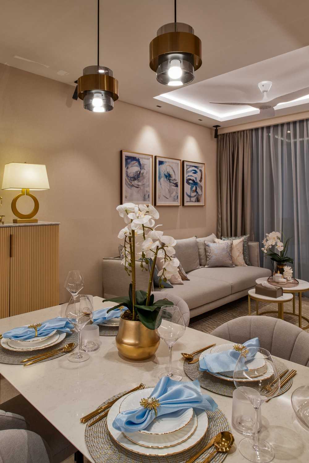 Modern Dining Room with Dining Table and Tableware