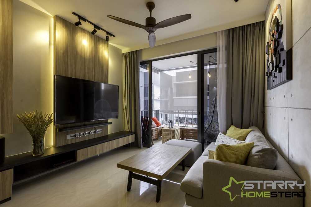 Industrial Living Room with TV Console and Feature Wall
