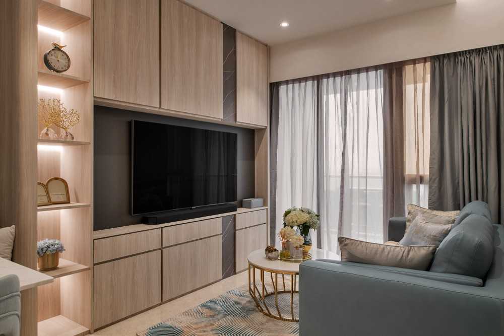 Modern Living Room with TV Console and Cove Lighting