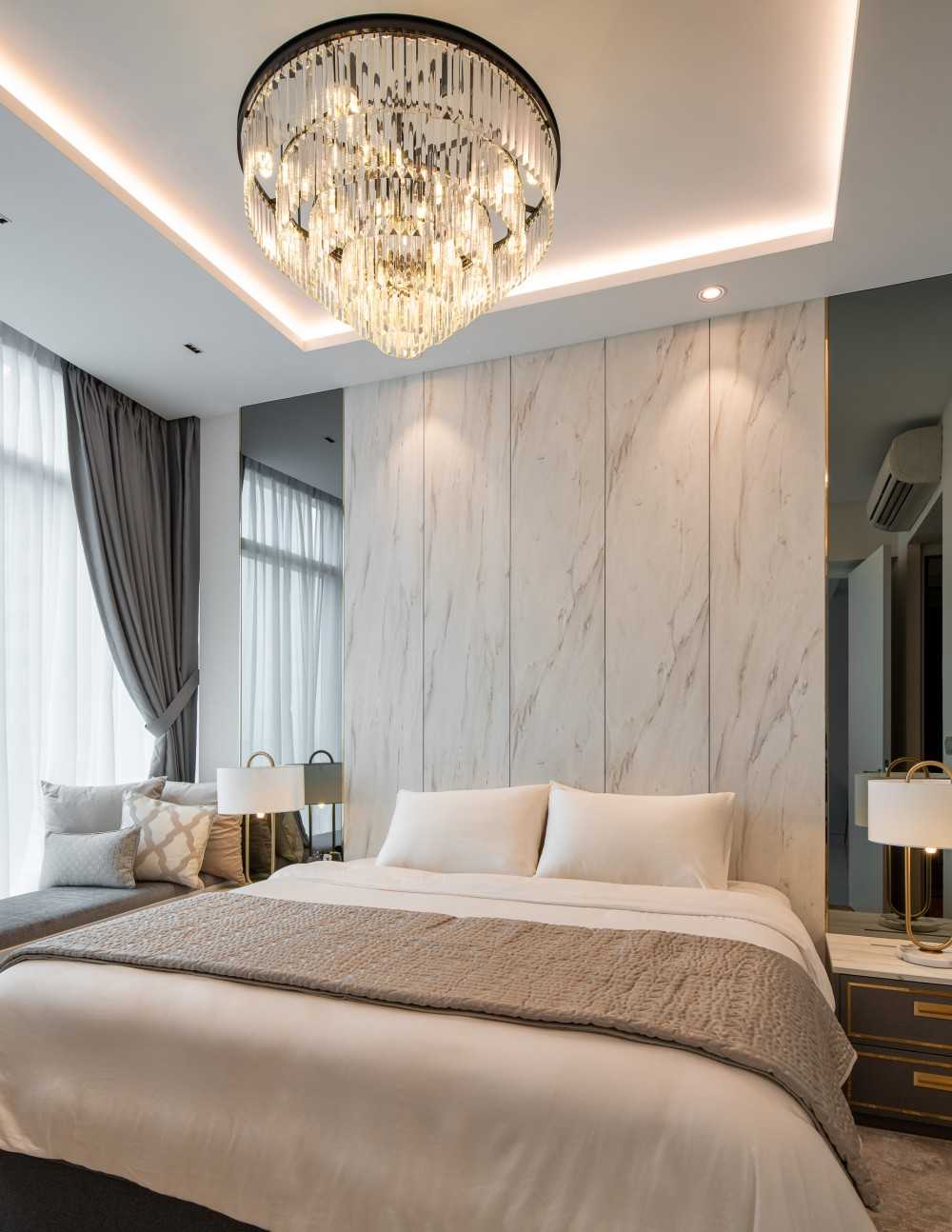 Asian Bedroom with Built-in Bed and Chandelier