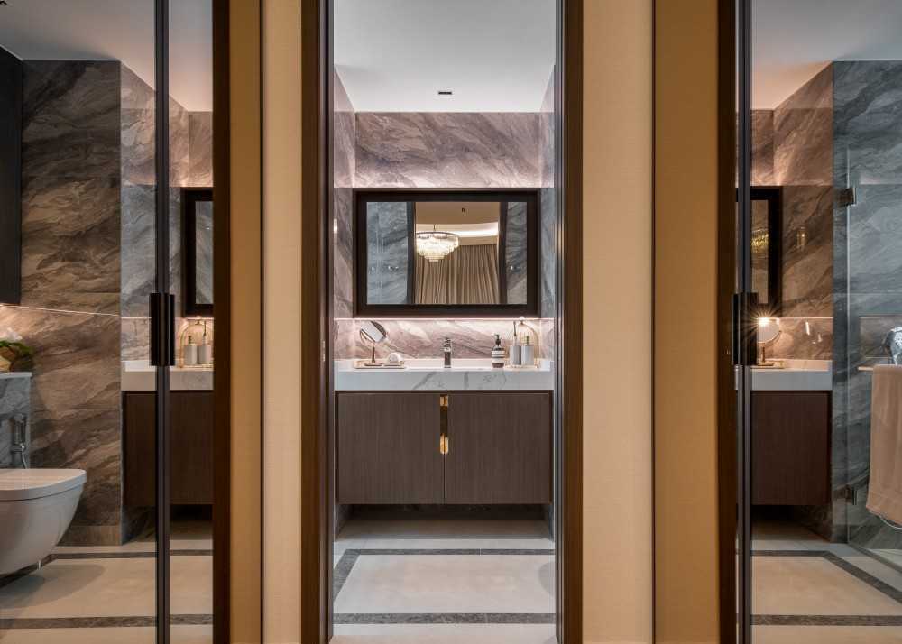 Asian Bathroom with Marble Floor and Mirror