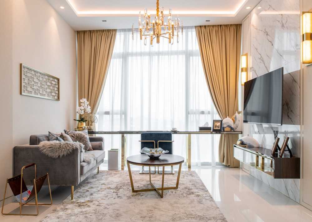 Asian Living Room with Cove Lighting and Sofa
