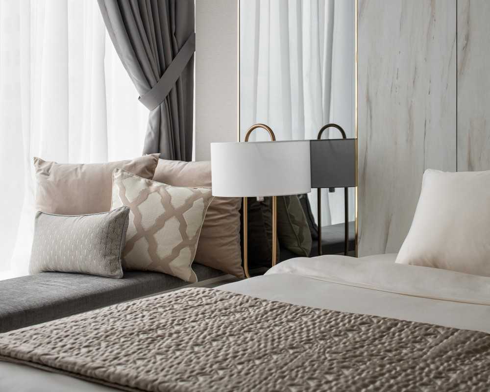 Asian Bedroom with Bay Window and Built-in Bed