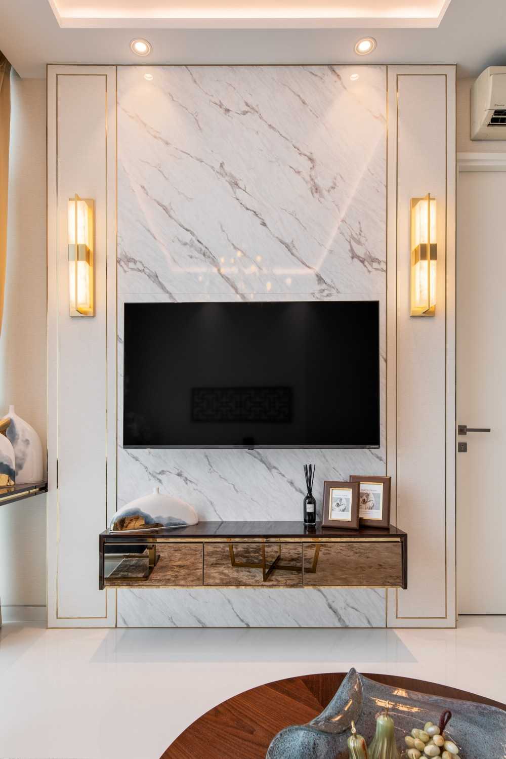 Asian Living Room with TV Console and Feature Wall