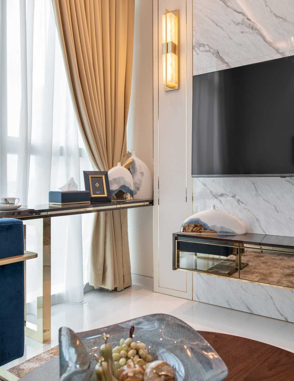 Asian Living Room with TV Console and Feature Wall