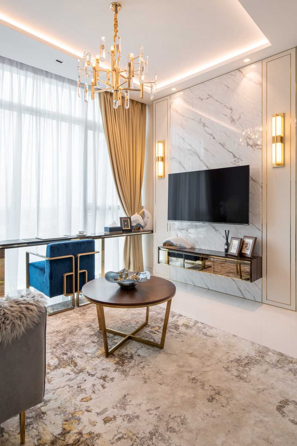 Asian Living Room with TV Console and Cove Lighting