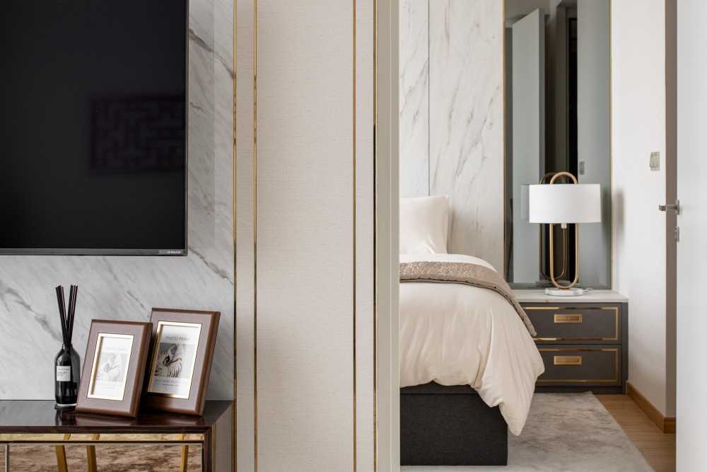Asian Living Room with TV Console and Mirror