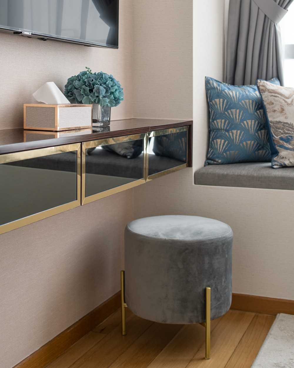 Asian Bedroom with Bay Window and Bedside Table