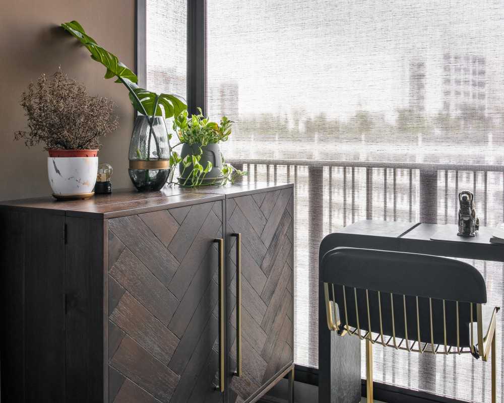 Modern Balcony with Curtain and Outdoor Table