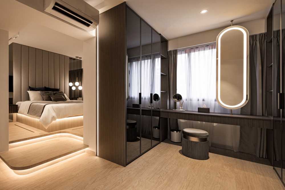 Contemporary Bedroom with Platform Bed and Wood Flooring