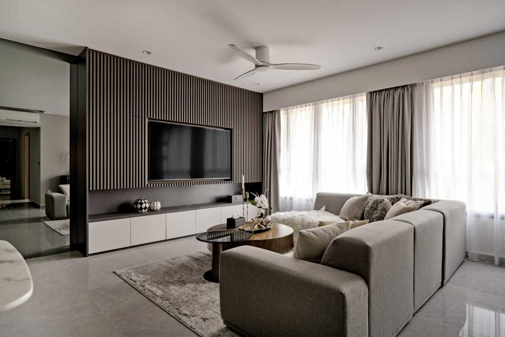 Contemporary Living Room with Feature Wall and Mirror