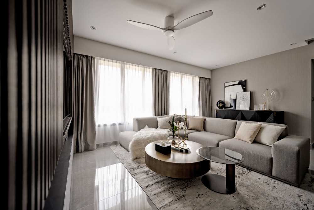 Contemporary Living Room with TV Console and Feature Wall
