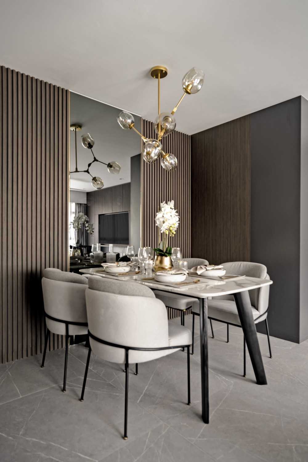 Contemporary Dining Room with Chandelier and Dining Table