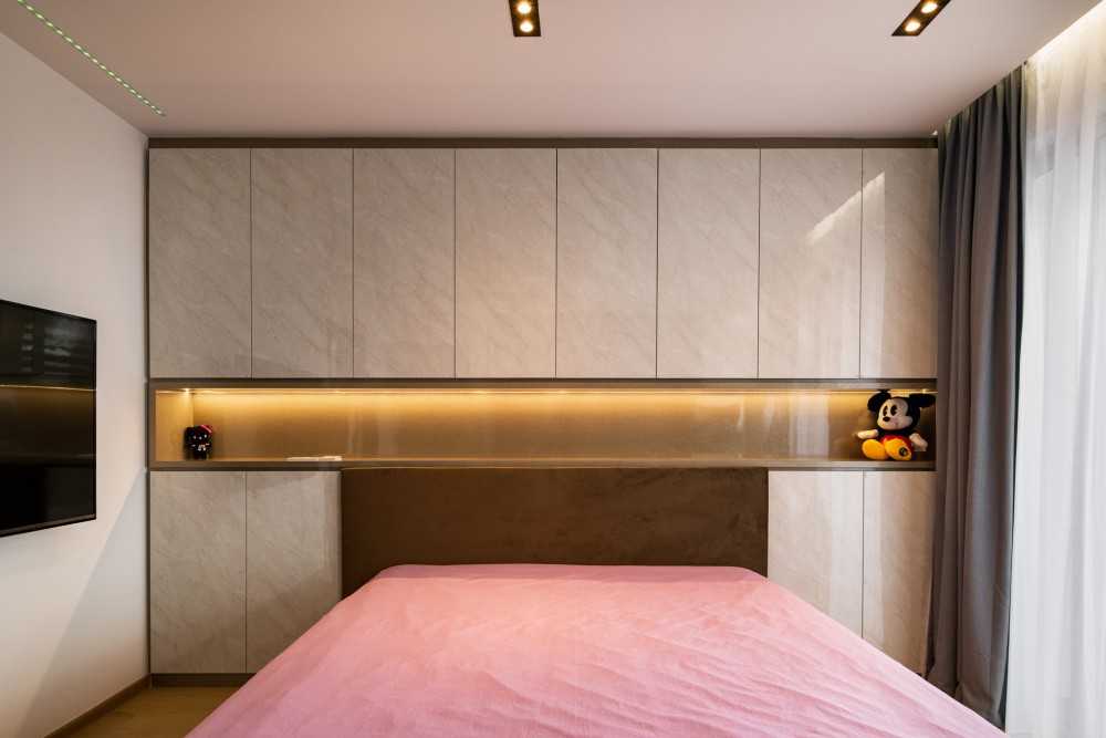 Contemporary Bedroom with Bookshelf and Platform Bed