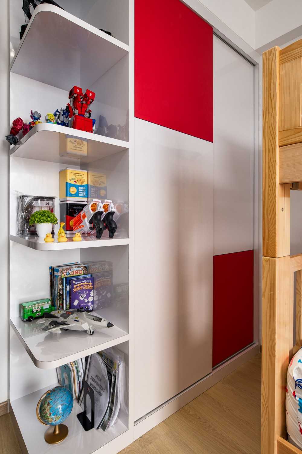 Contemporary Bedroom with Bookshelf and Vinyl Flooring