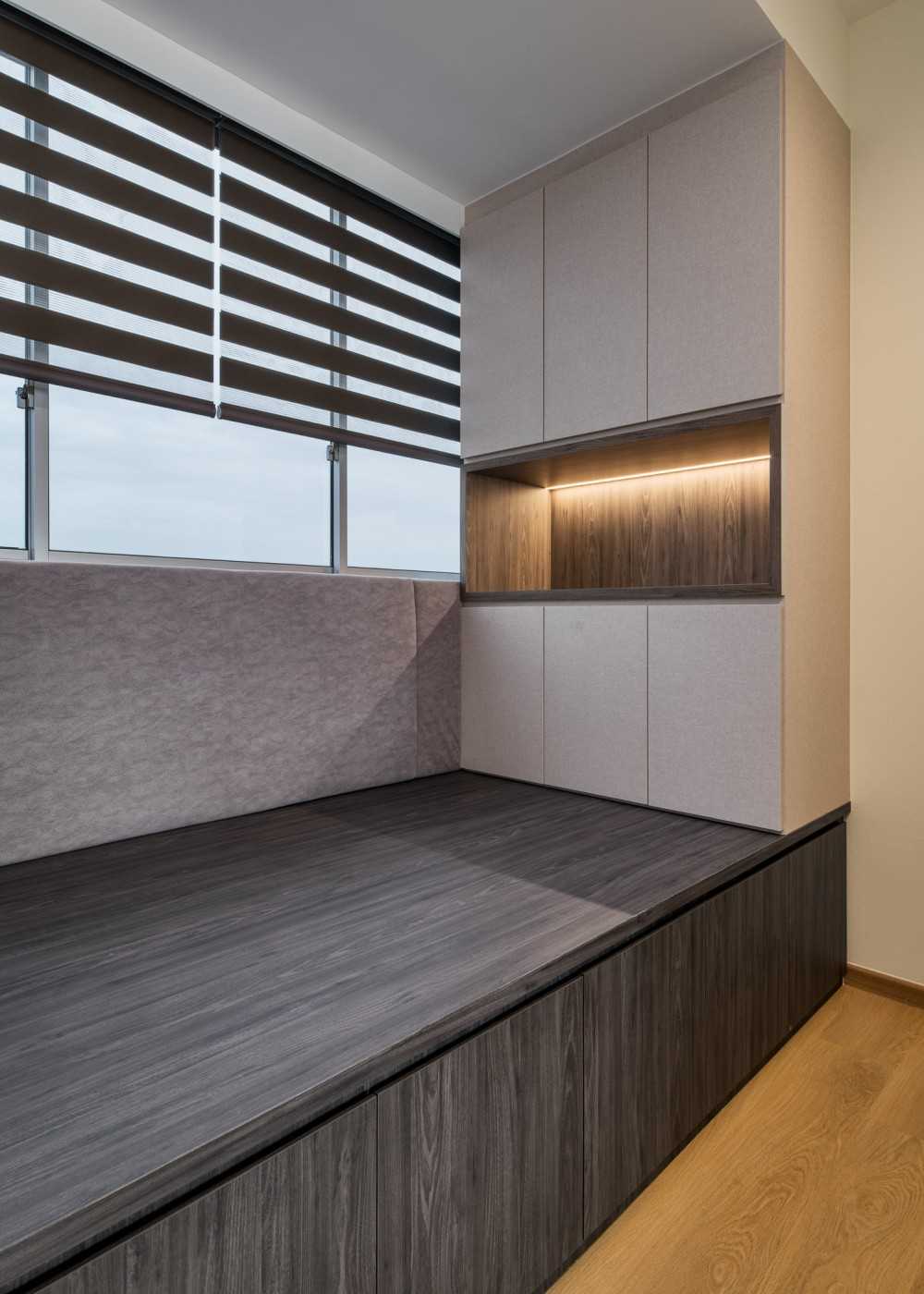 Contemporary Bedroom with Bookshelf and Platform Bed