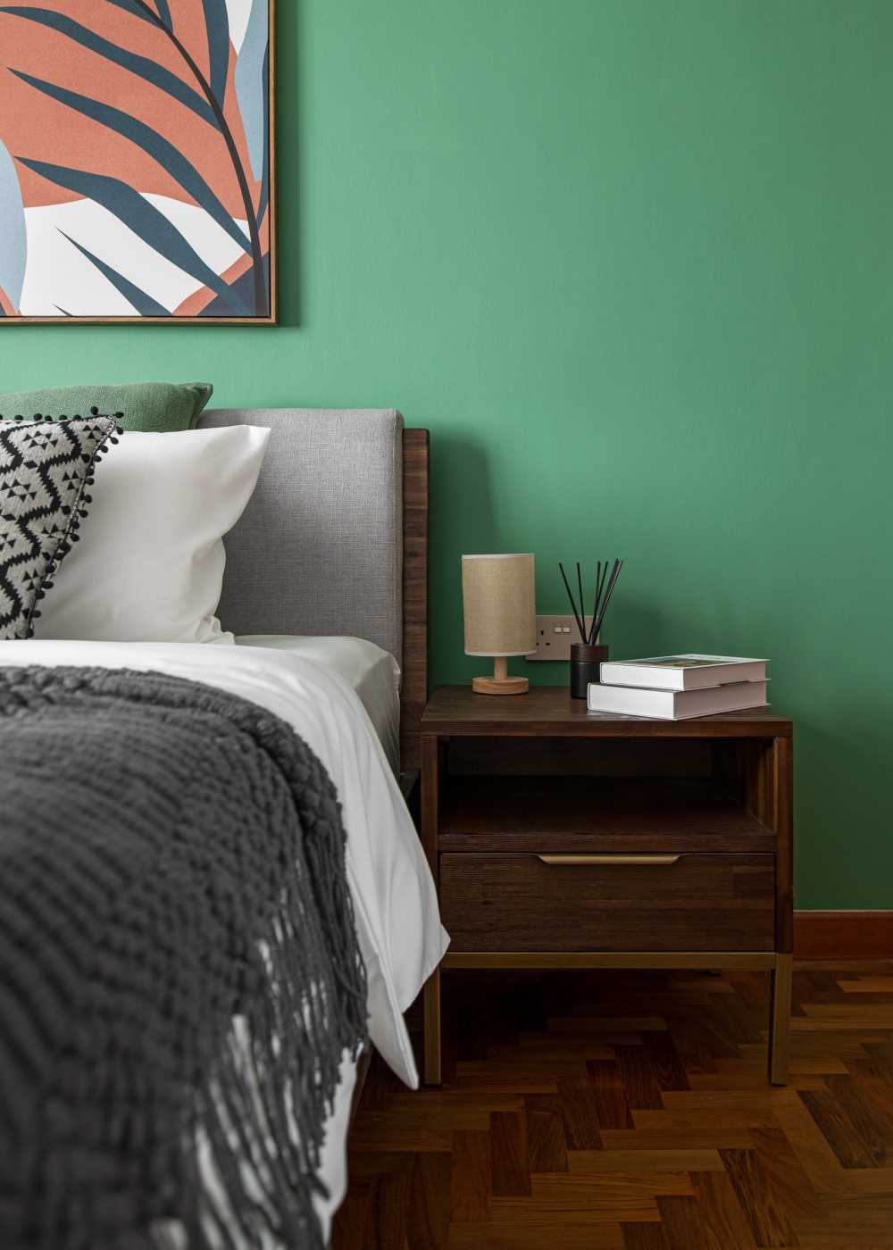 Modern Bedroom with Parquet Floor and Bedside Table