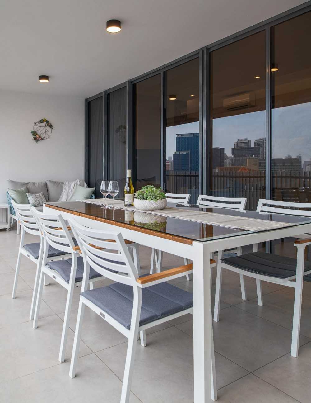 Modern Balcony with Curtain and Outdoor Table