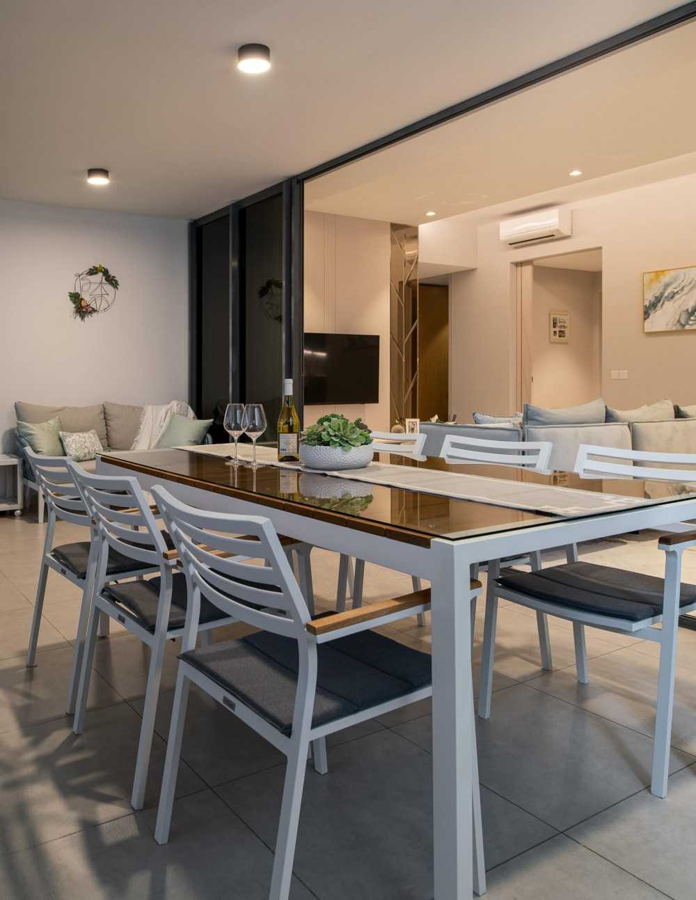 Modern Balcony with Curtain and Outdoor Table