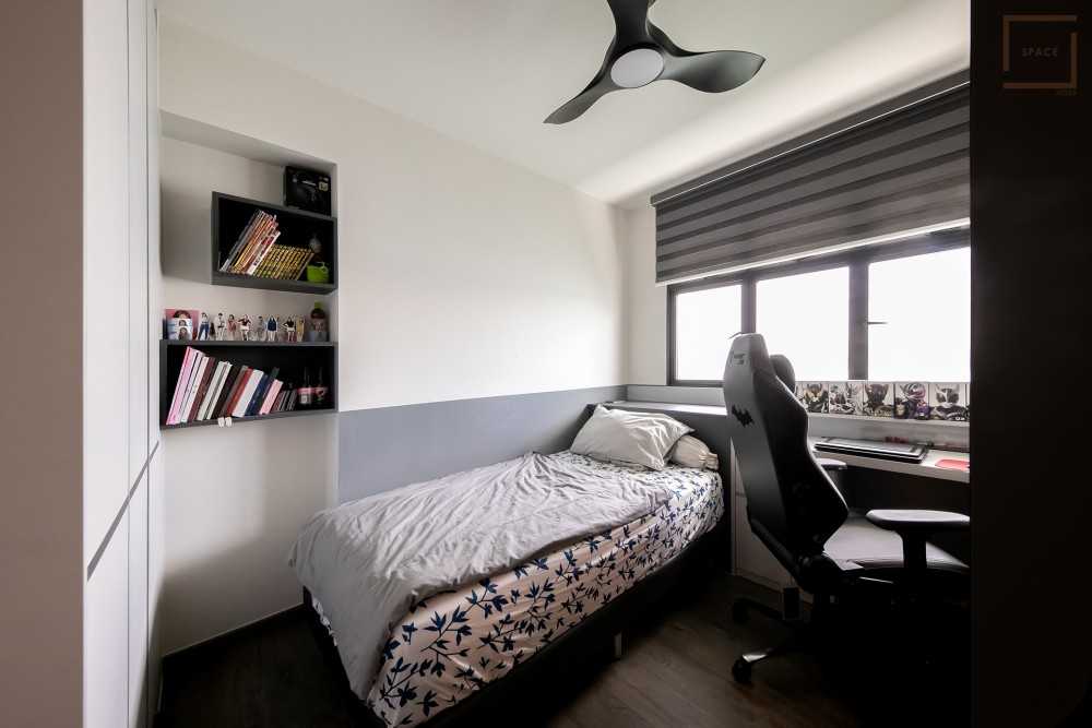 Contemporary Bedroom with Vinyl Flooring and Bay Window
