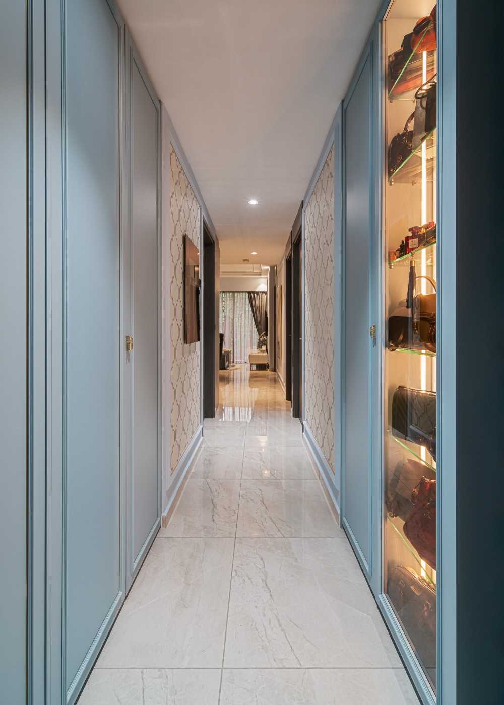 Modern Hallway with Bookshelf and Artwork