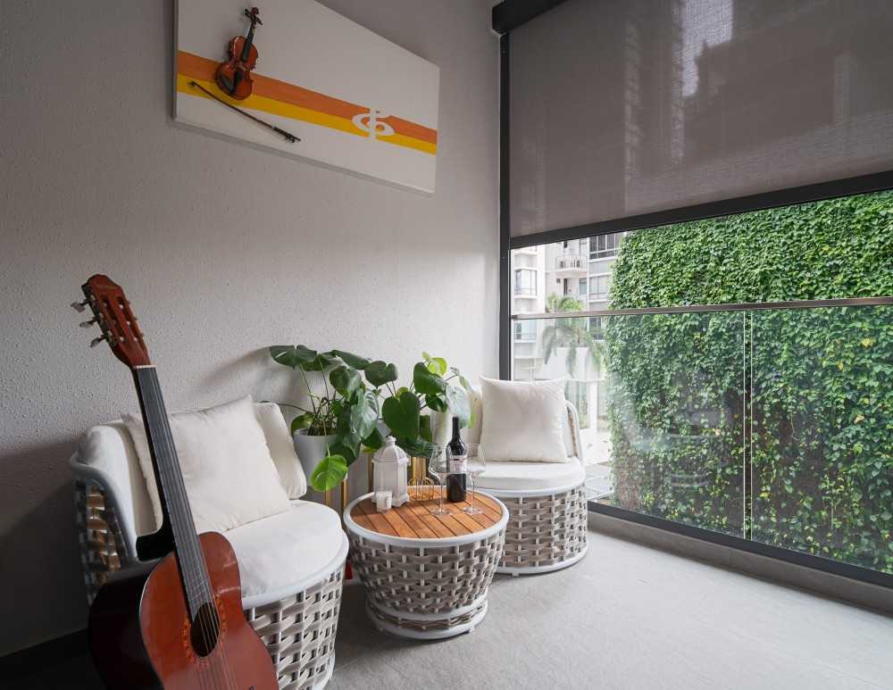 Modern Balcony with Window Seat and Window Shutters