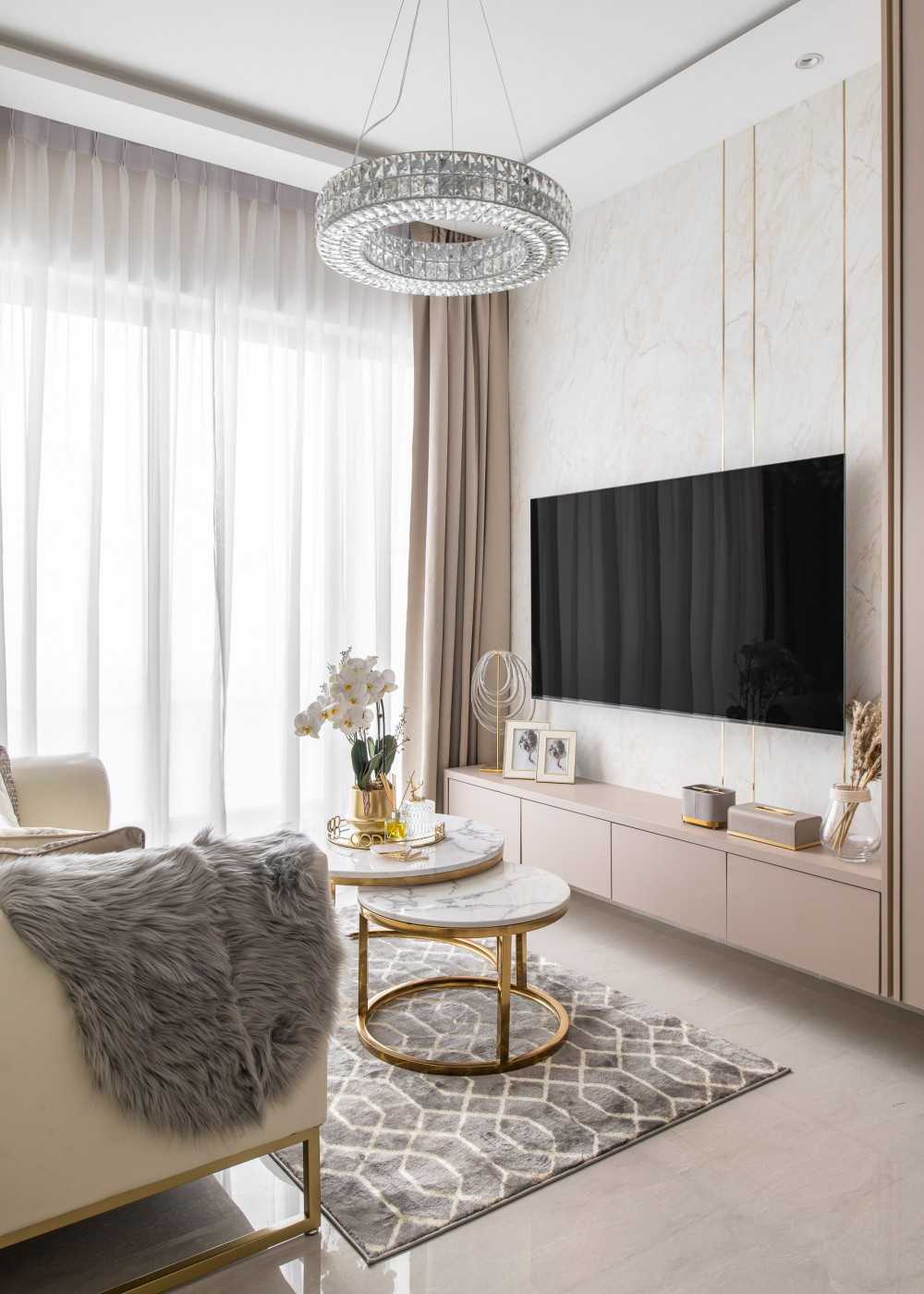 Modern Living Room with Feature Wall and Chandelier