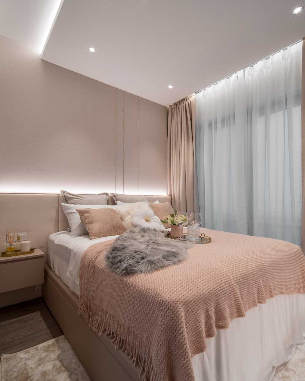 Modern Bedroom with Cove Lighting and Built-in Bed