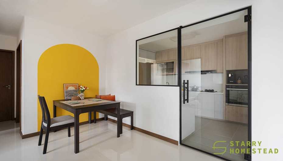 Scandinavian Dining Room with Flooring and Doors