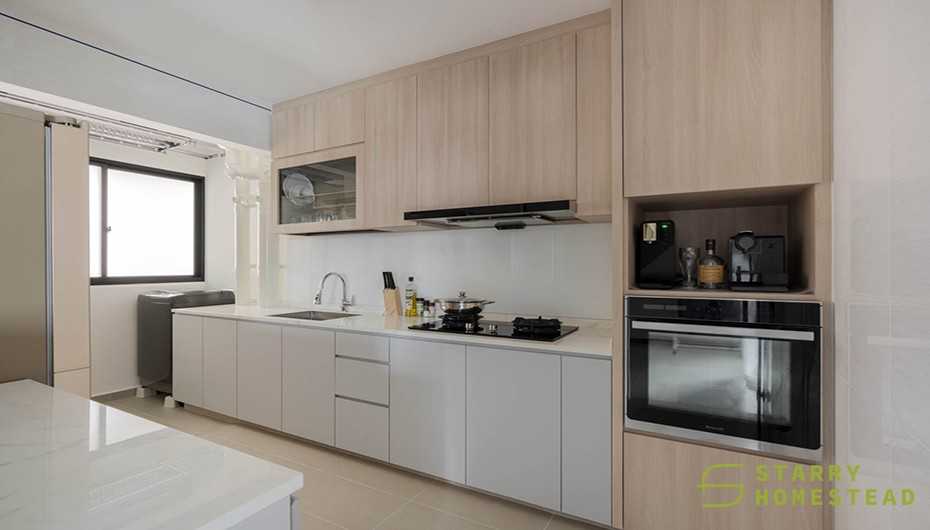 Scandinavian Kitchen with Storage Cabinets and Flooring