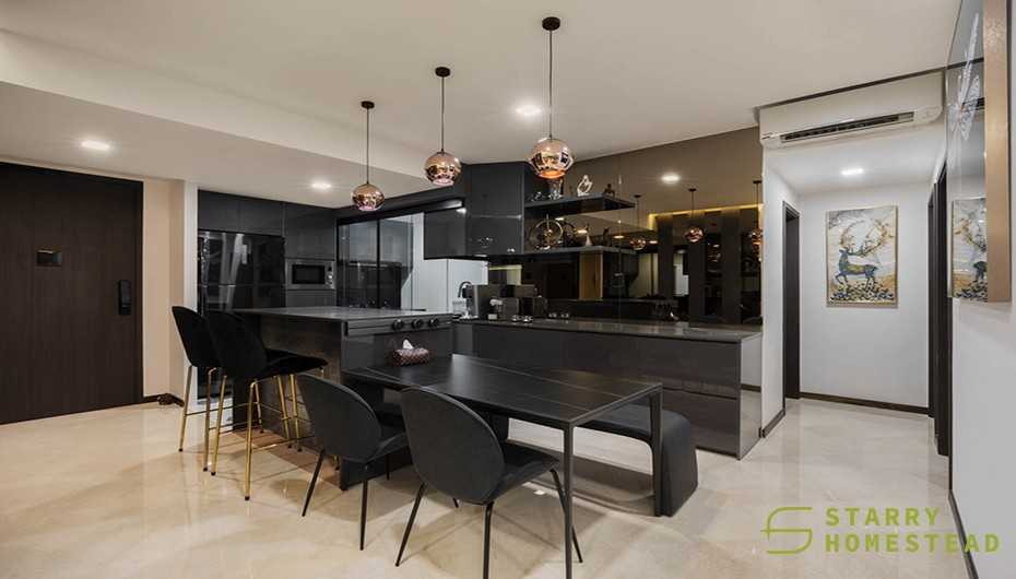 Modern Dining Room with Drop Light and Flooring