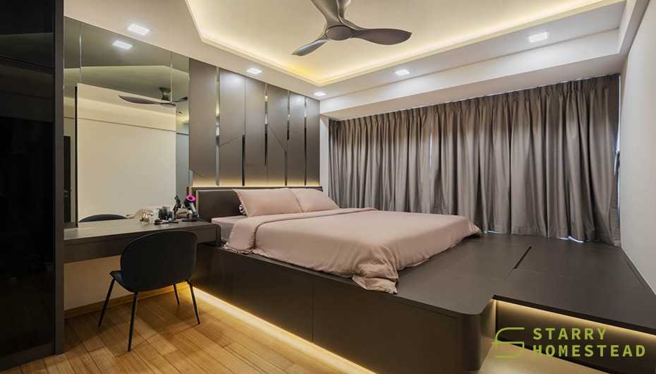 Modern Bedroom with Platform Bed and Downlights