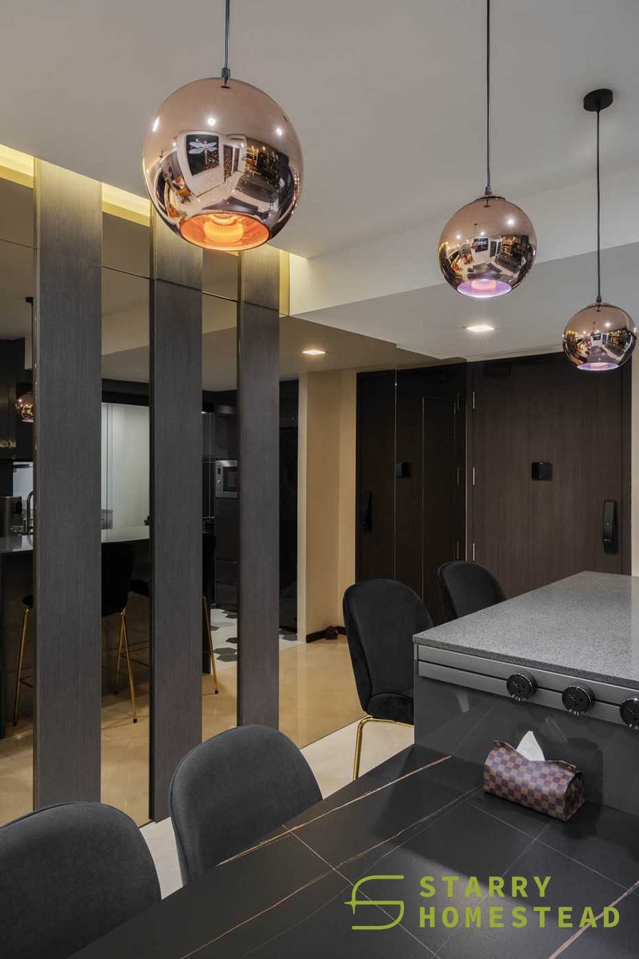 Modern Dining Room with Drop Light and Flooring
