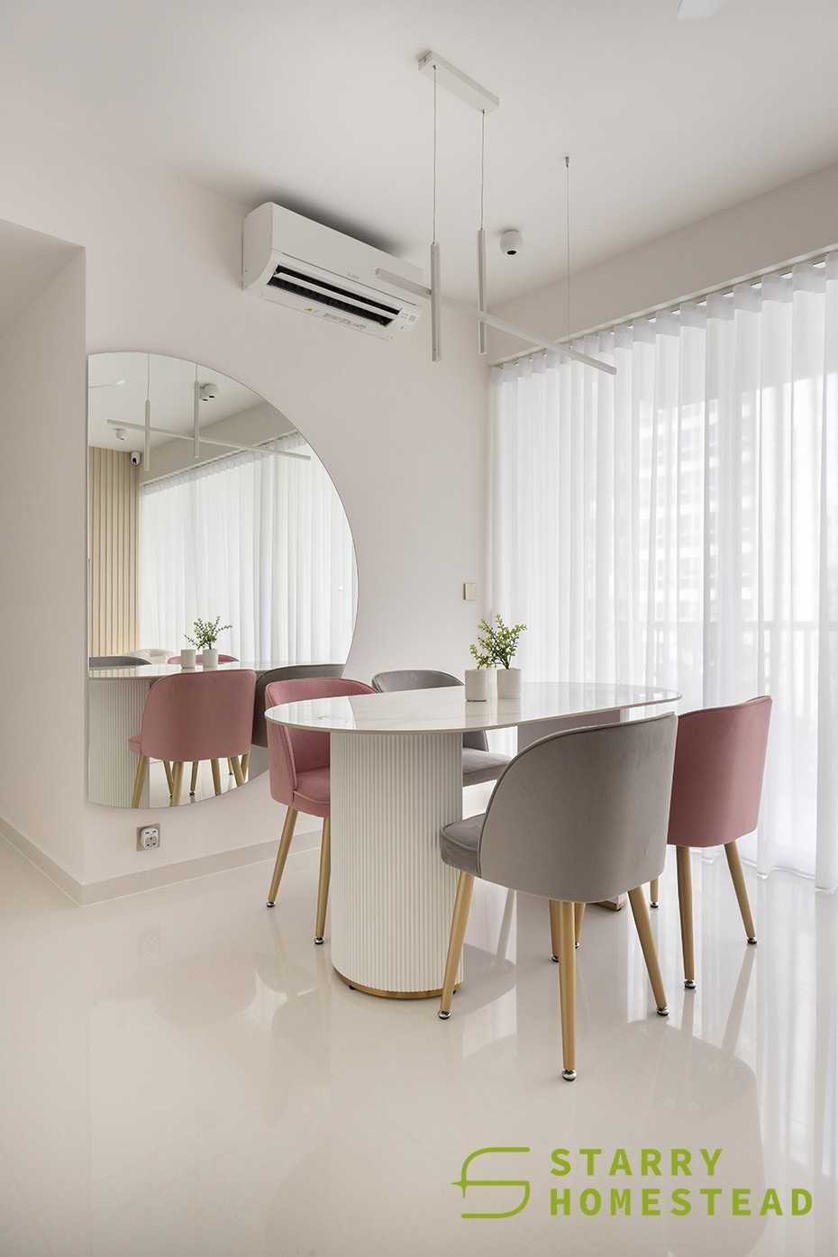 Scandinavian Dining Room with Drop Light and Flooring