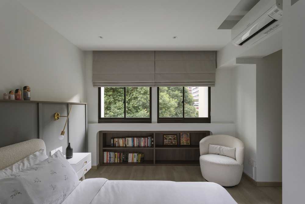 Modern Bedroom with Curtain and Bedside Table