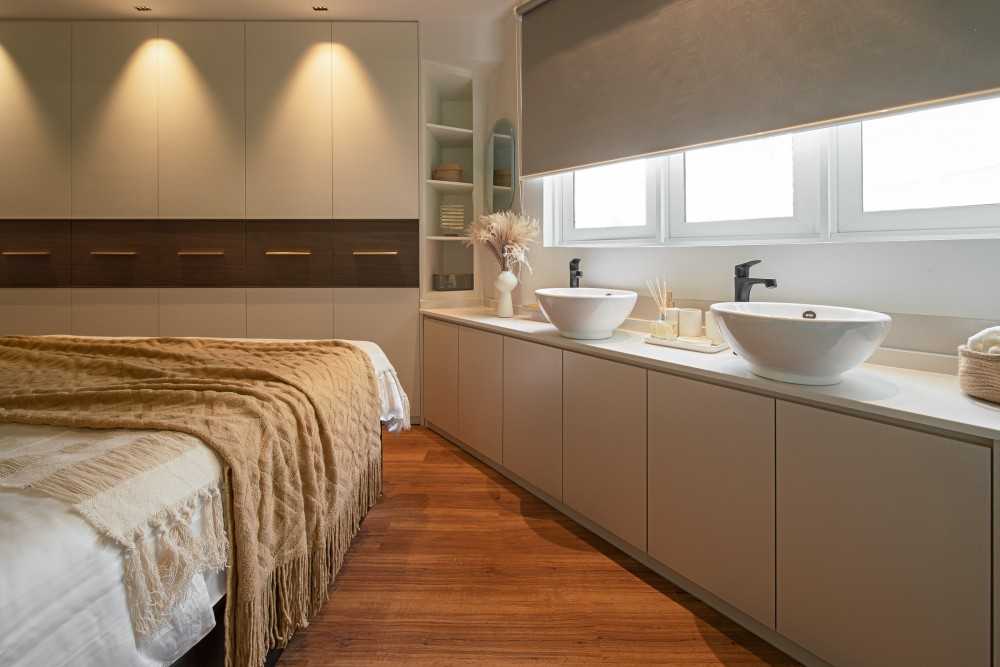 Modern Bedroom with Parquet Floor and Cove Lighting