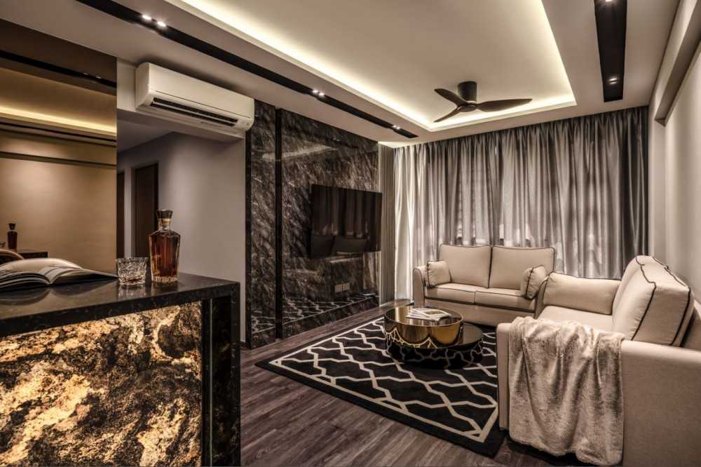 Modern Living Room with Cove Lighting and Carpet