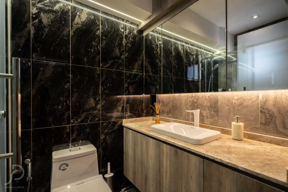 Modern Bathroom with Vinyl Flooring and Herringbone Tiling