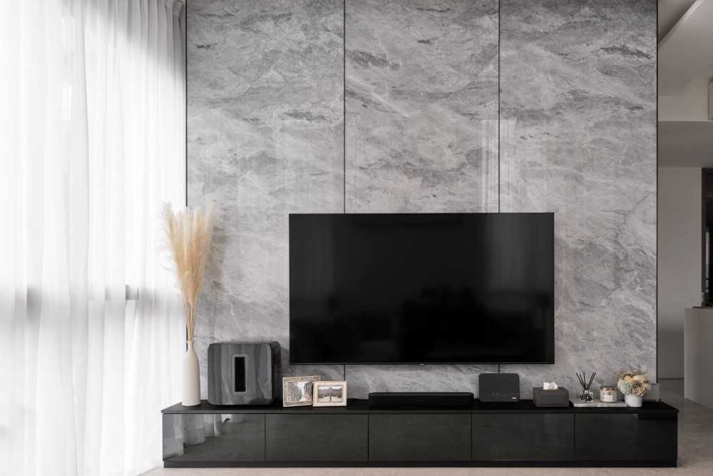 Contemporary Living Room with TV Console and Feature Wall