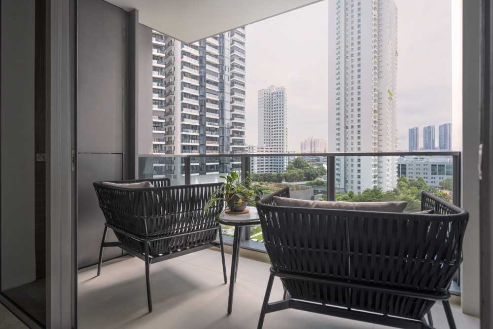 Contemporary Balcony with Window Grille and Outdoor Table