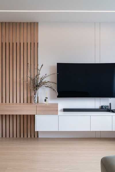 Scandinavian Living Room with Vinyl Flooring and TV Console