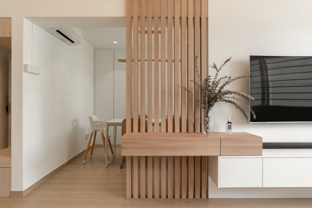 Scandinavian Living Room with Vinyl Flooring and TV Console