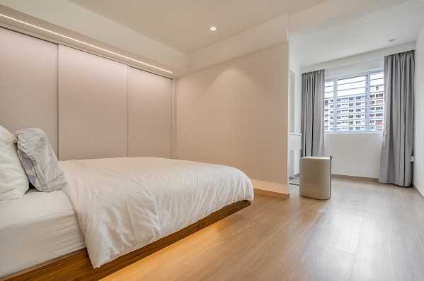 Scandinavian Bedroom with Vinyl Flooring and Drop Light